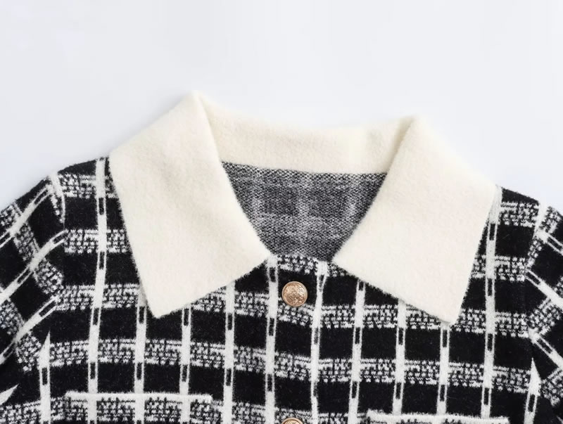 Fashion Black Contrast Lapel Checked Jacquard Knitted Jacket,Coat-Jacket