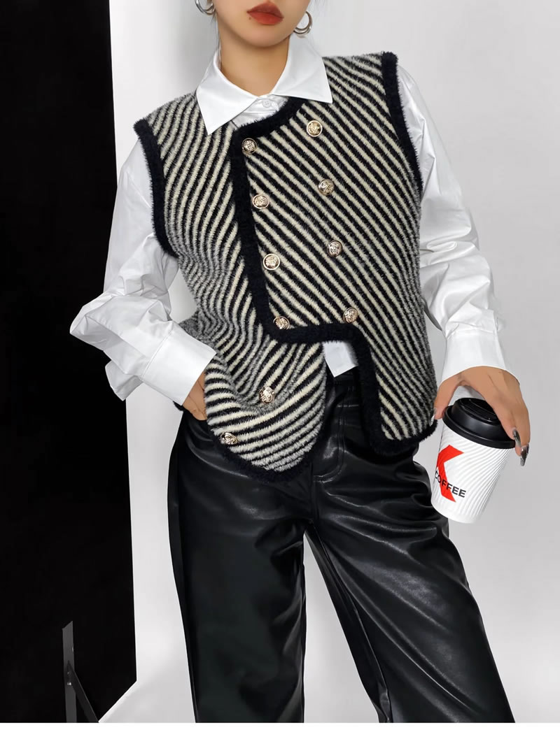 Fashion Black And White Stripes Faux Mink Twill Double-breasted Vest,Coat-Jacket