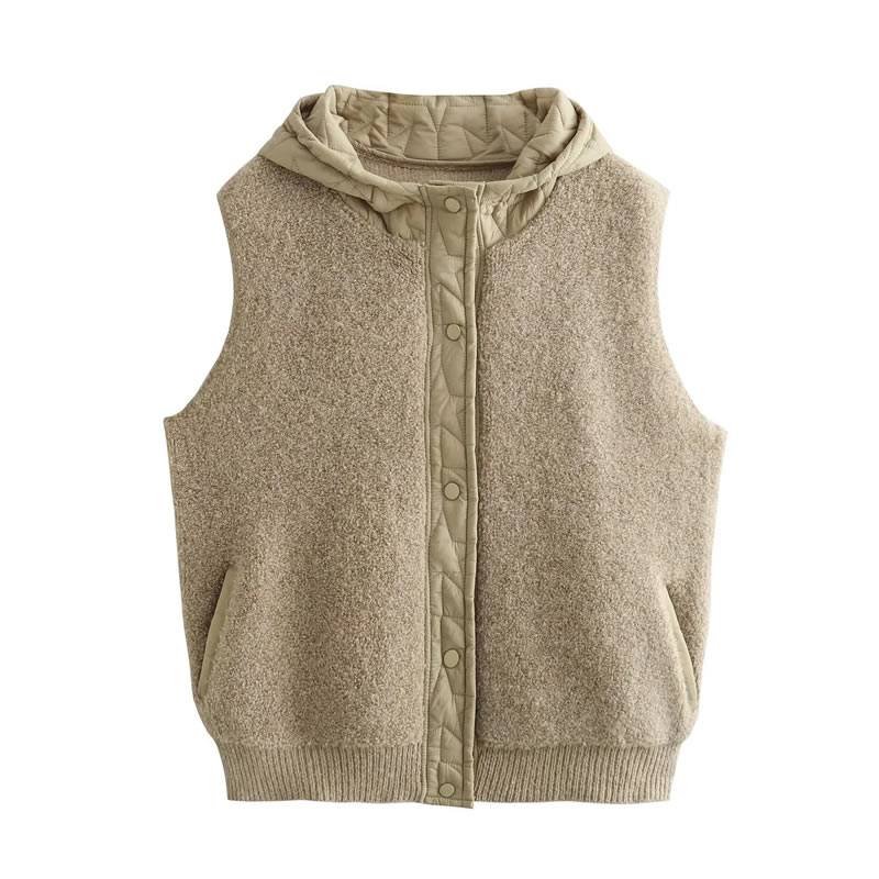 Fashion Apricot Lambswool Knitted Buttoned Hooded Vest,Coat-Jacket