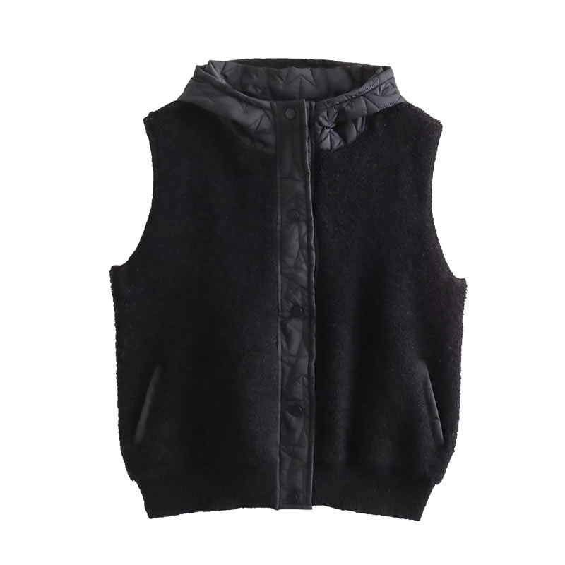 Fashion Black Lambswool Knitted Buttoned Hooded Vest,Coat-Jacket