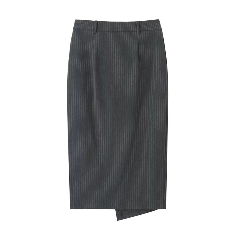 Fashion Gray Stripes Pinstripe Double-breasted Skirt,Skirts