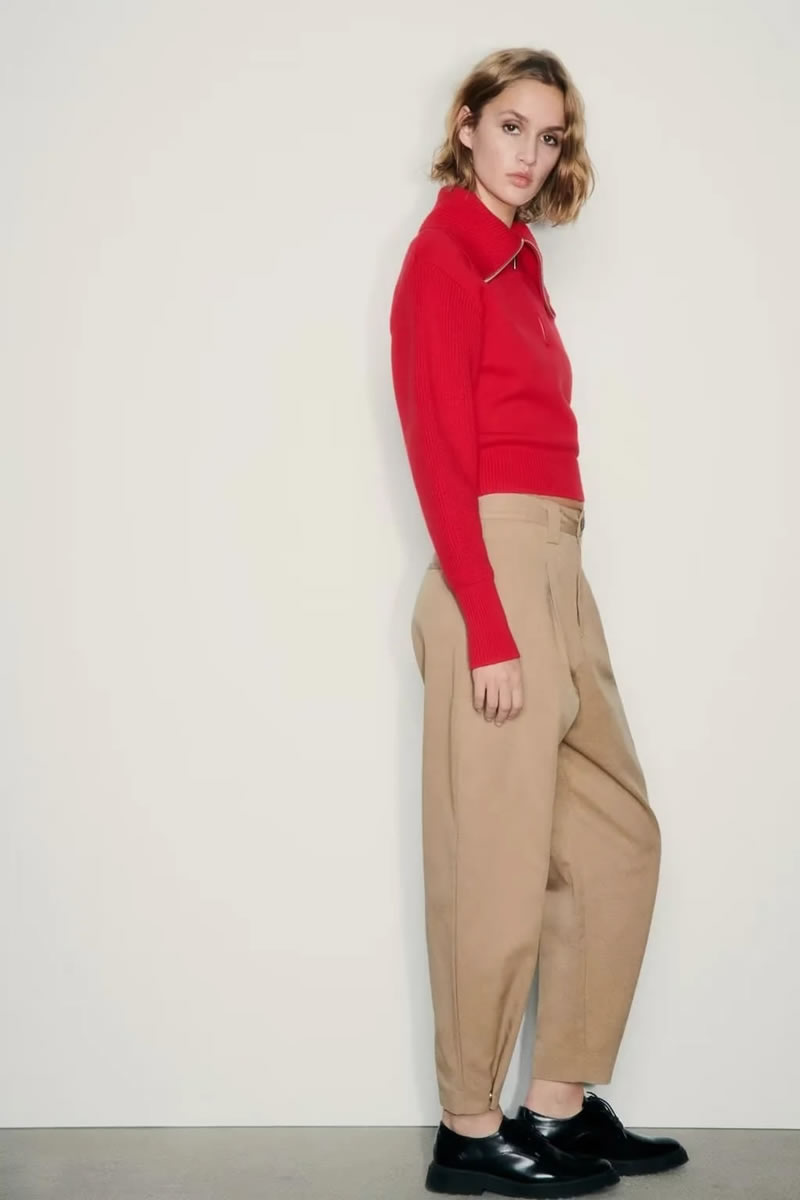 Fashion Khaki Polyester Pleated Legged Trousers,Pants