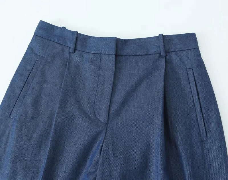 Fashion Blue Pleated Wide-leg Trousers,Pants