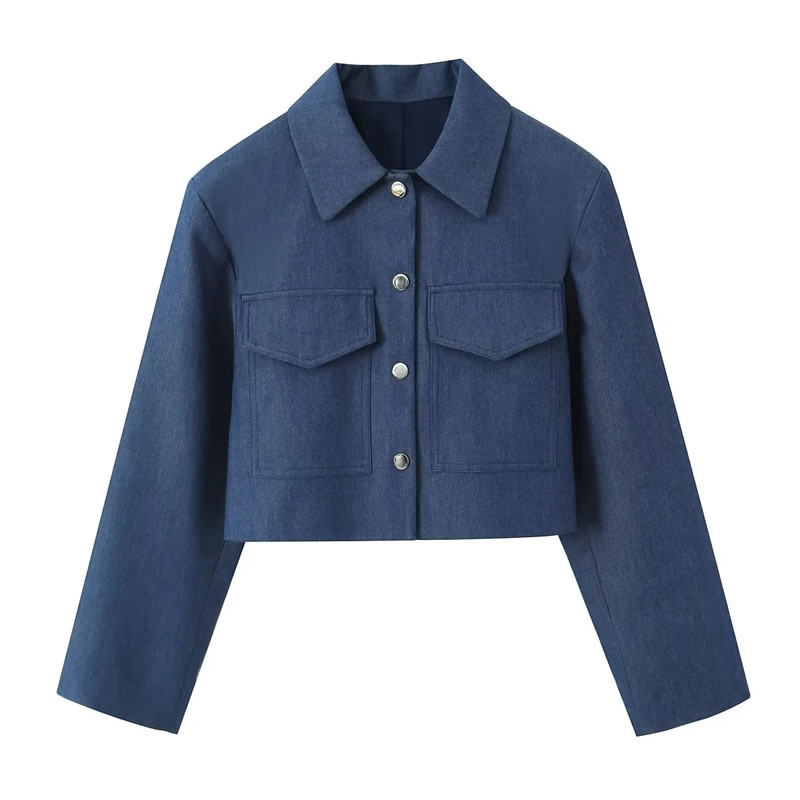 Fashion Blue Polyester Lapel Buttoned Jacket,Coat-Jacket