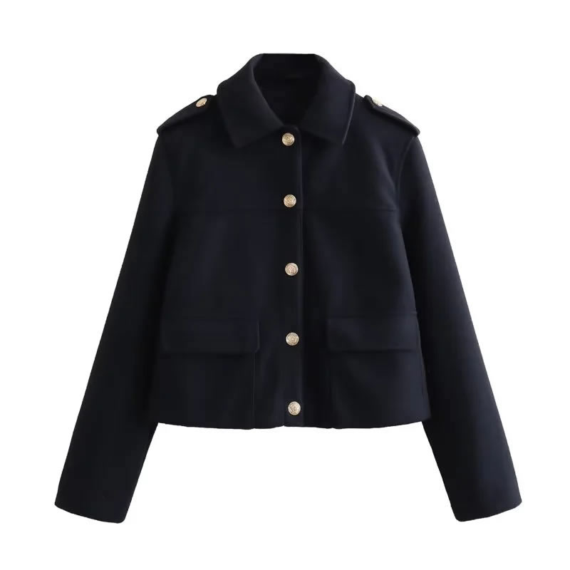 Fashion Black Woven Buttoned Soft Jacket,Coat-Jacket