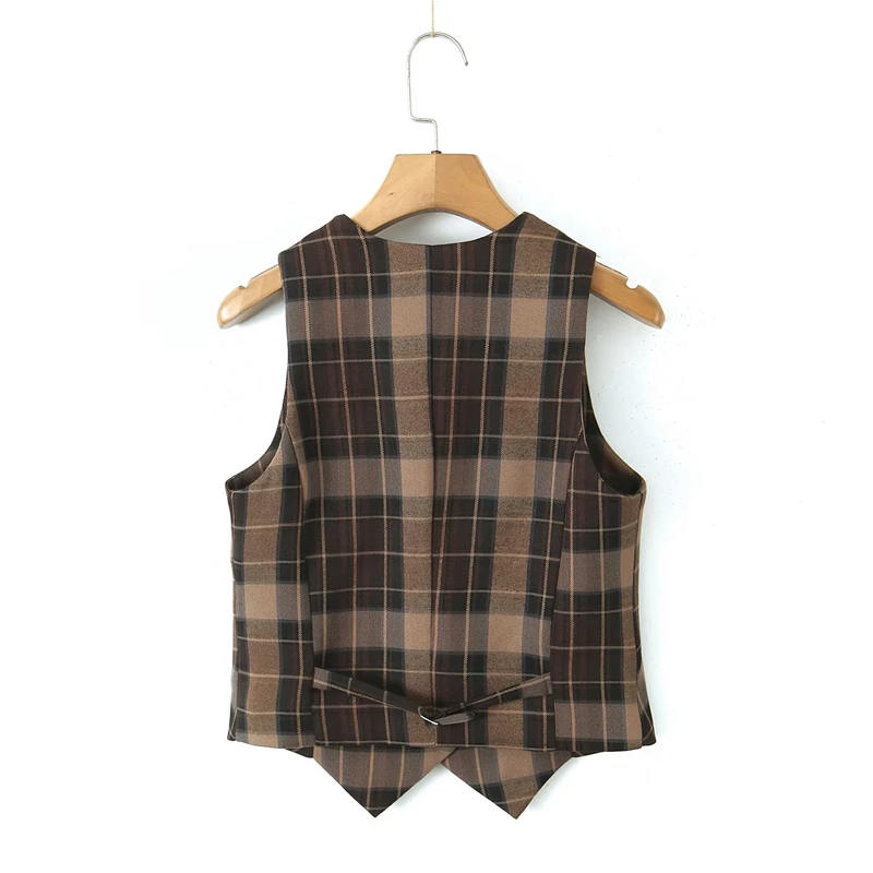 Fashion Brown Grid Polyester Check Lapel Vest,Coat-Jacket