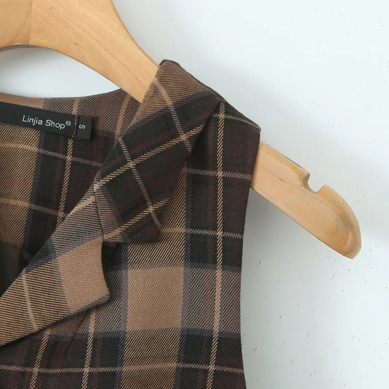 Fashion Brown Grid Polyester Check Lapel Vest,Coat-Jacket