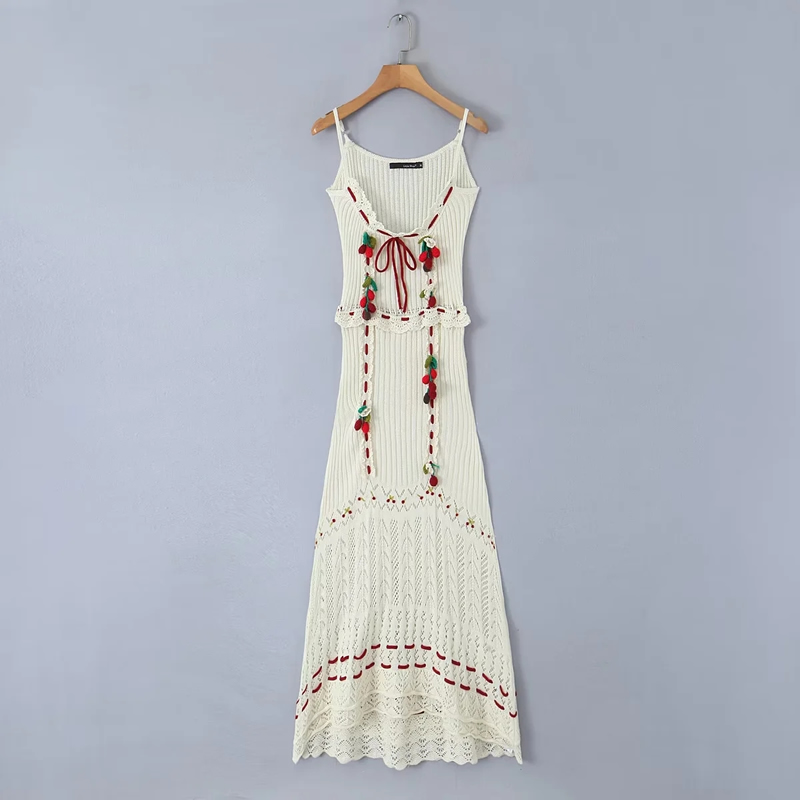 Fashion Off-white Blended Cherry Knit Camisole Maxi Skirt,Long Dress