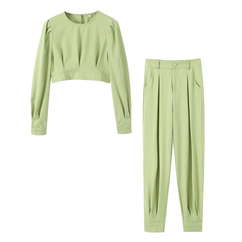 Fashion Green Woven Crew Neck Long Sleeve Trousers Suit,T-shirts