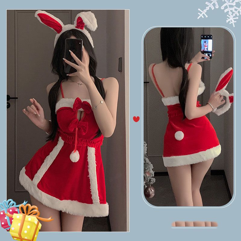 Fashion Wine Red Velvet Geometric Bunny Christmas Underwear Uniform Set,SLEEPWEAR & UNDERWEAR