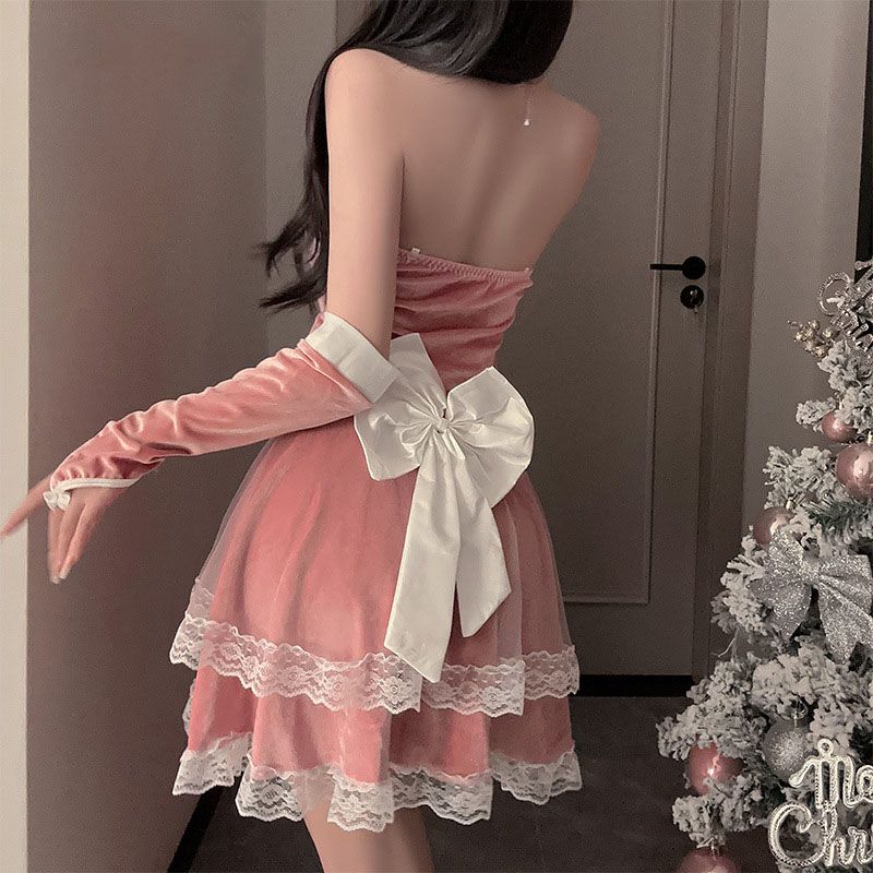 Fashion Pink Velvet Geometric Christmas Lingerie Uniform Set,SLEEPWEAR & UNDERWEAR