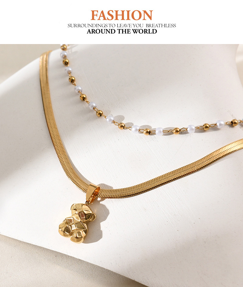 Fashion Golden 2 Titanium Steel Balloon Dog Pearl Double Layer Necklace,Necklaces