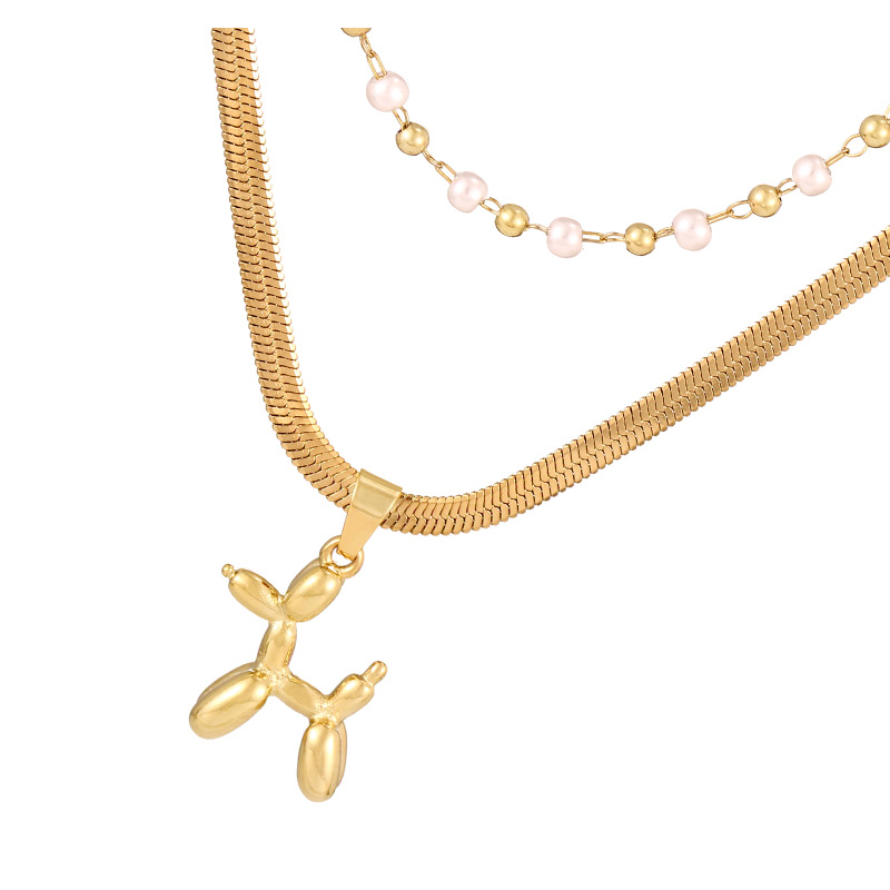 Fashion Golden 2 Titanium Steel Balloon Dog Pearl Double Layer Necklace,Necklaces