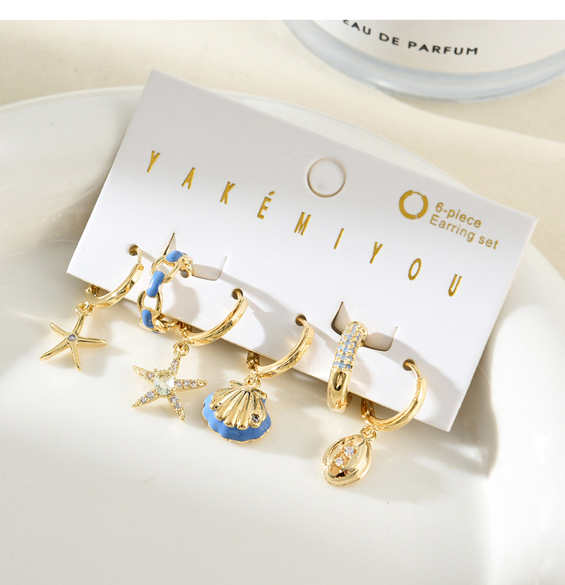 Fashion Gold Copper Inlaid Zirconium Oil-drip Shell Starfish Pendant Earring Set 6 Pieces,Earring Set