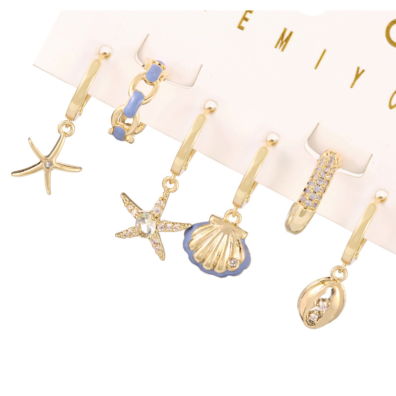 Fashion Gold Copper Inlaid Zirconium Oil-drip Shell Starfish Pendant Earring Set 6 Pieces,Earring Set