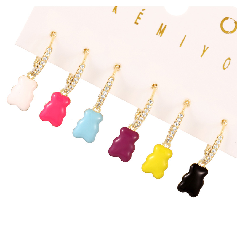 Fashion Gold Copper Inlaid Zirconium Dripping Oil Bear Pendant Earring Set Of 6 Pieces,Earring Set