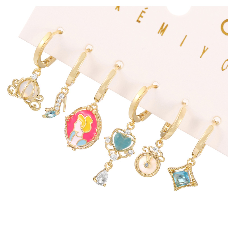 Fashion Color Copper Inlaid Zircon Oil Dripping Cartoon Princess Pendant Earring Set Of 6 Pieces,Earring Set