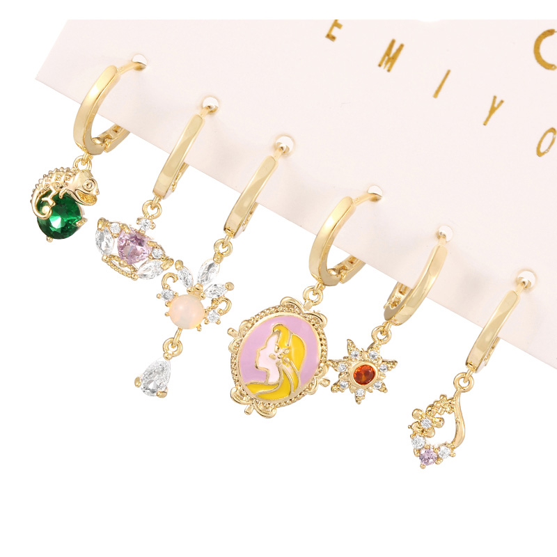 Fashion Color Copper Inlaid Zircon Oil Dripping Cartoon Princess Pendant Earring Set Of 6 Pieces,Earring Set