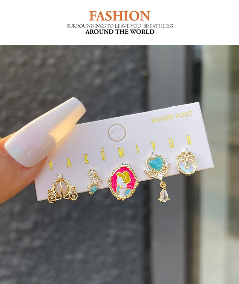 Fashion Color Copper Inlaid Zircon Oil Dripping Cartoon Princess Pendant Earring Set Of 5 Pieces,Earring Set