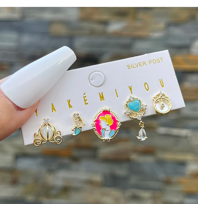 Fashion Color Copper Inlaid Zircon Oil Dripping Cartoon Princess Pendant Earring Set Of 5 Pieces,Earring Set