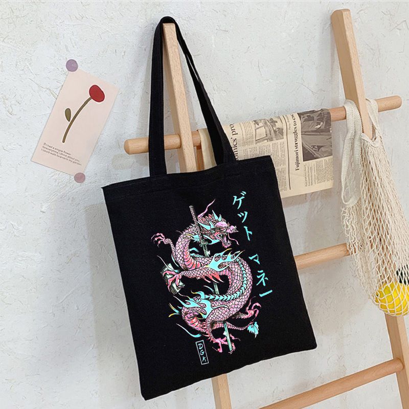 Fashion D Black Canvas Print Dragon Large Capacity Shoulder Bag,Messenger bags