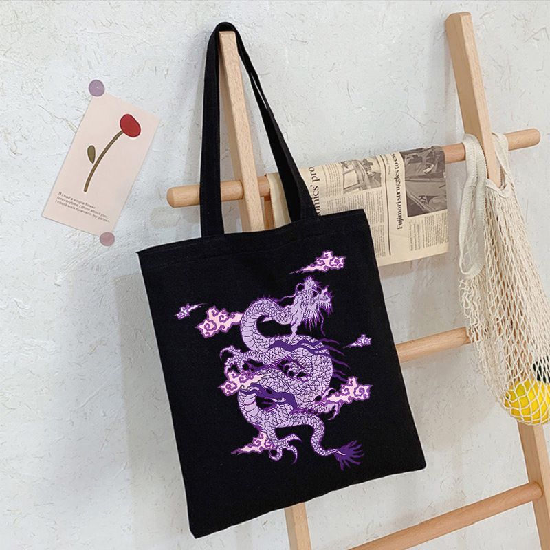 Fashion D Black Canvas Print Dragon Large Capacity Shoulder Bag,Messenger bags