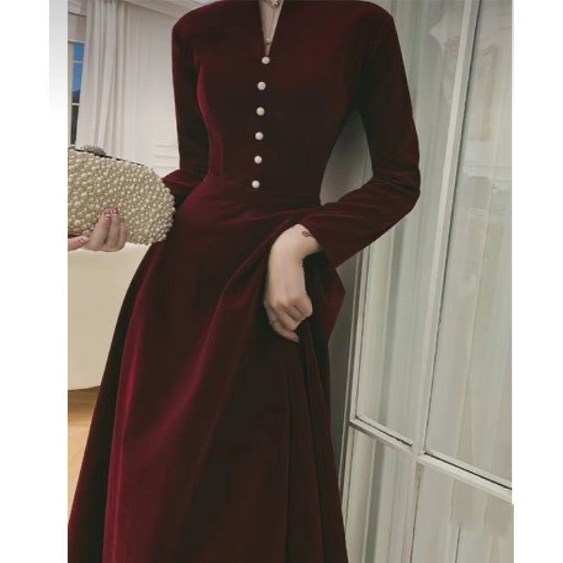 Fashion Wine Red Velvet V-neck Long-sleeved Dress,Prom Dresses