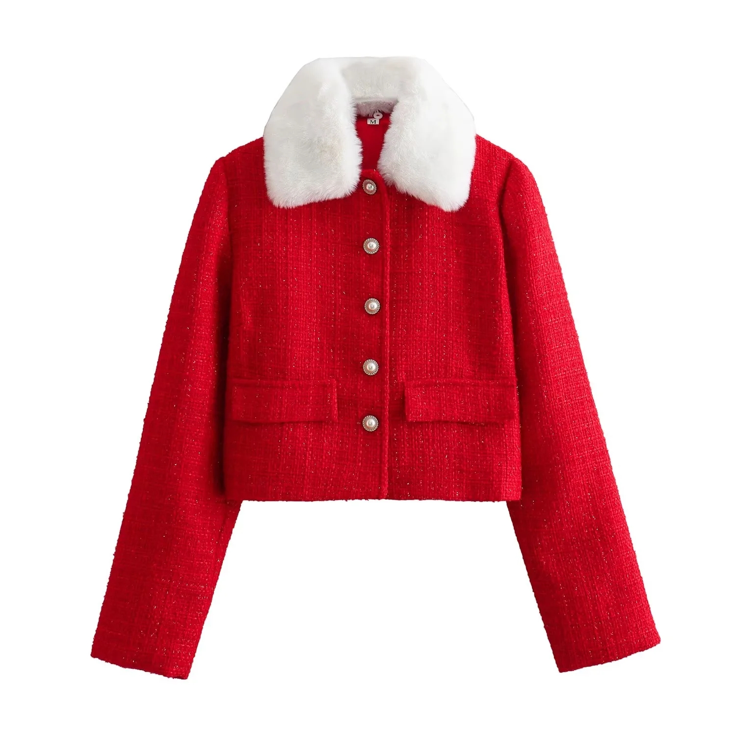 Fashion Red Woolen Collared Buttoned Jacket,Coat-Jacket