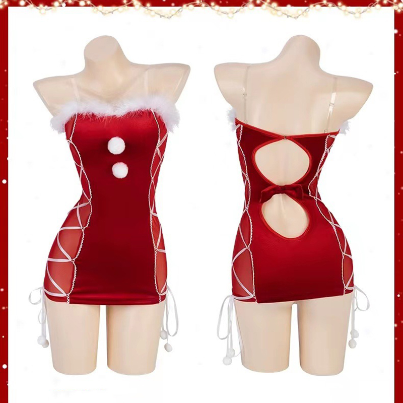 Fashion Red Lace-up Christmas Mini Dress,SLEEPWEAR & UNDERWEAR