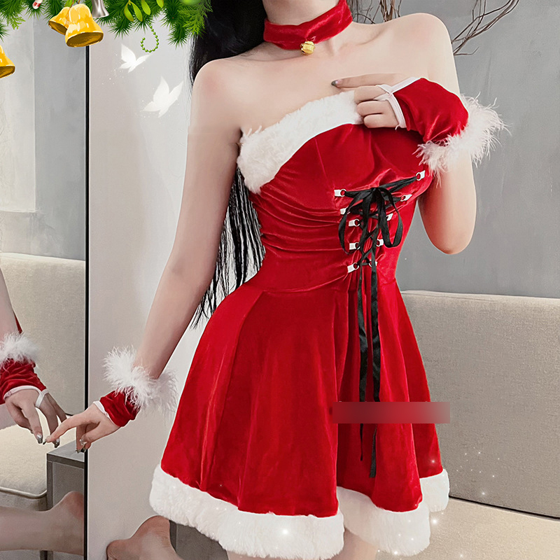 Fashion Red + Headband Polyester Lace-up Christmas Mini Dress Set,SLEEPWEAR & UNDERWEAR