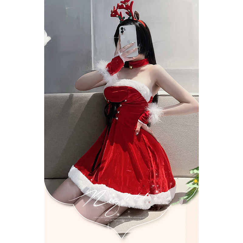 Fashion Red + Headband Polyester Lace-up Christmas Mini Dress Set,SLEEPWEAR & UNDERWEAR