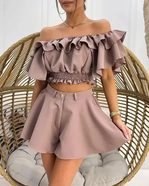 Fashion Pink Polyester One-shoulder Top And Shorts Set,Shorts