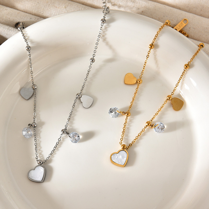 Fashion Silver Titanium Steel Inlaid Zircon Shell Love Pendant Anklet,Necklaces
