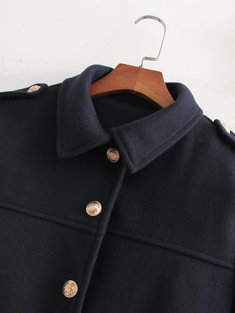 Fashion Navy Blue Polyester Buttoned Lapel Jacket,Coat-Jacket