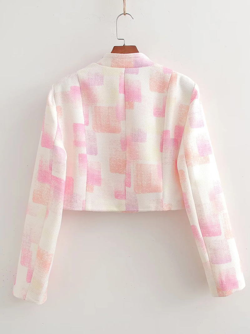 Fashion Pink Polyester Printed Buttoned Jacket,Coat-Jacket