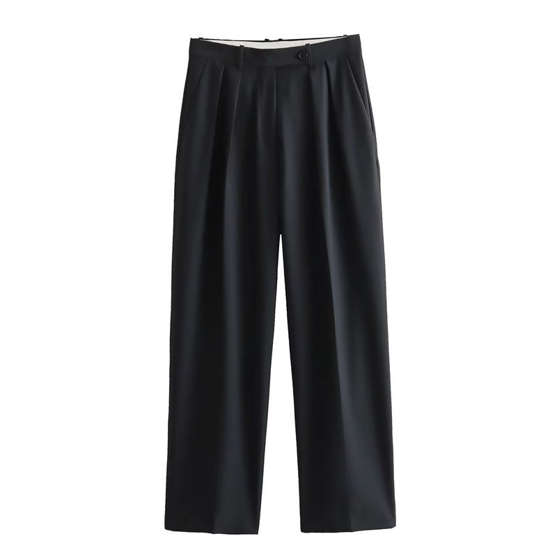 Fashion Black Pleated Straight Trousers,Pants