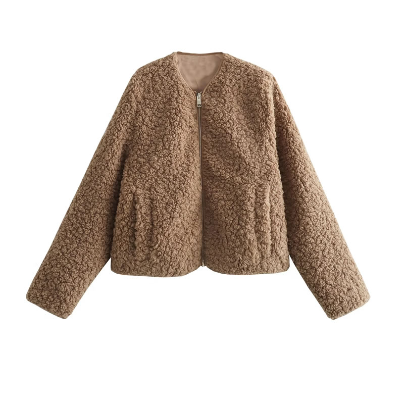 Fashion Brown Fleece Zipped Jacket,Coat-Jacket