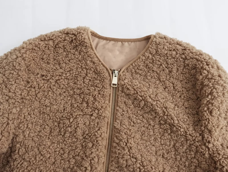 Fashion Brown Fleece Zipped Jacket,Coat-Jacket