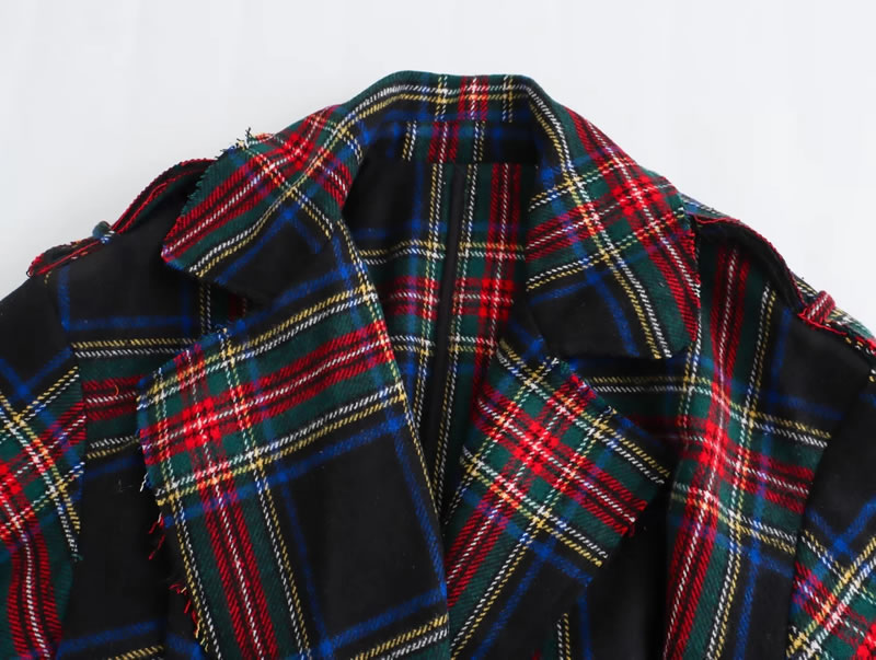 Fashion Color Matching Polyester Plaid Lapel Lace-up Coat,Coat-Jacket