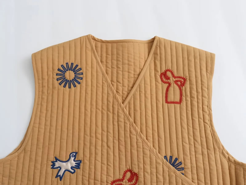 Fashion Khaki Cotton Embroidered Lace-up Vest,Coat-Jacket