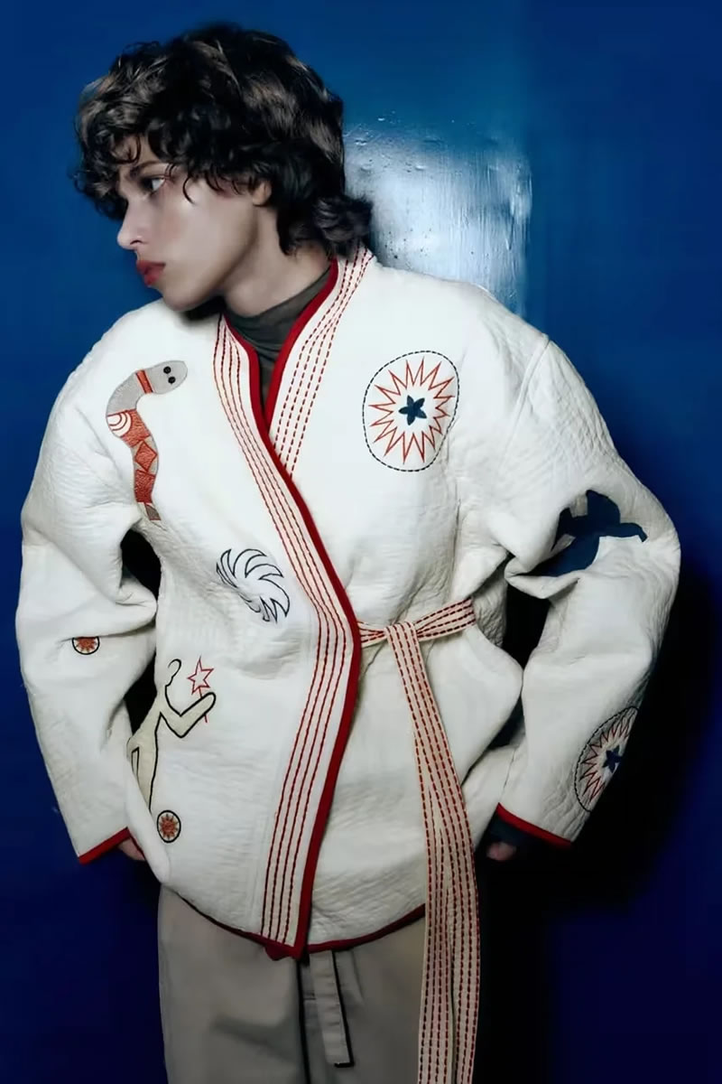 Fashion White Cotton Embroidered Lace-up Jacket,Coat-Jacket