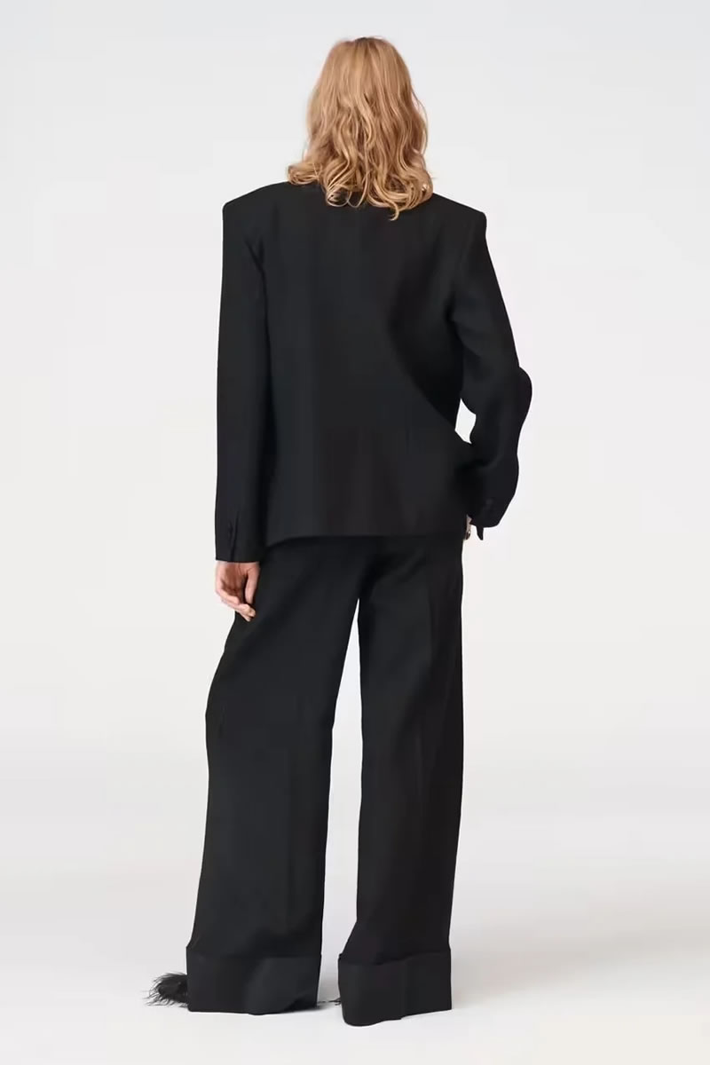 Fashion Black Silk Satin Straight-leg Trousers,Pants