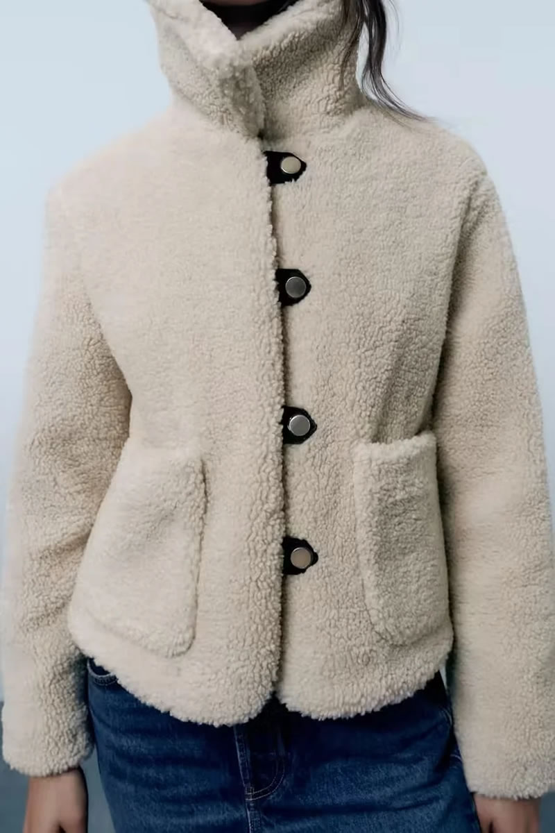 Fashion Khaki Plush Lapel Buttoned Jacket,Coat-Jacket