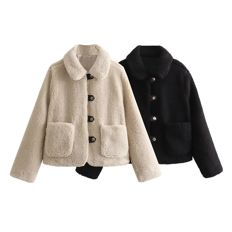 Fashion Black Plush Lapel Buttoned Jacket,Coat-Jacket