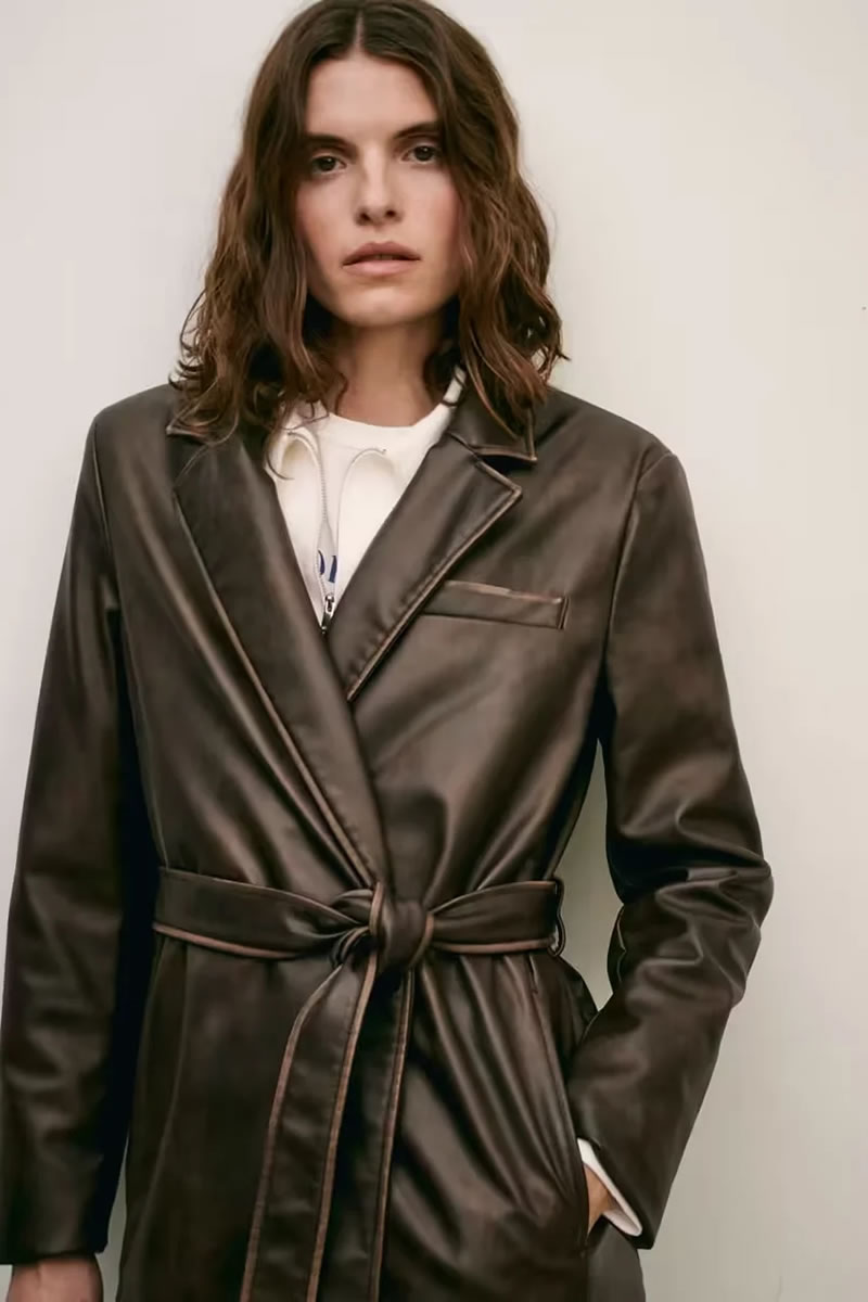 Fashion Chocolate Color Leather Lapel Lace-up Coat,Coat-Jacket