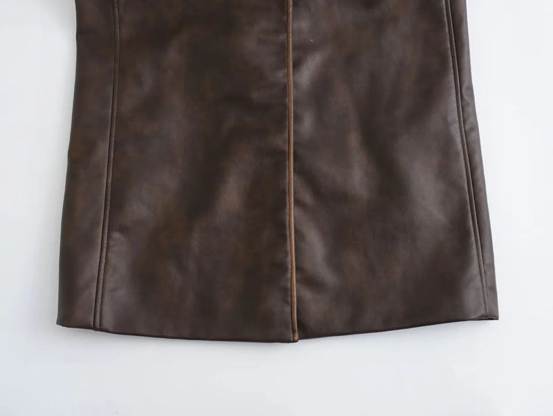 Fashion Chocolate Color Leather Lapel Lace-up Coat,Coat-Jacket