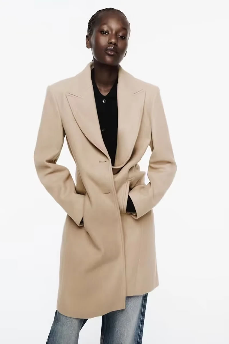 Fashion Khaki Polyester Lapel Buttoned Coat,Coat-Jacket
