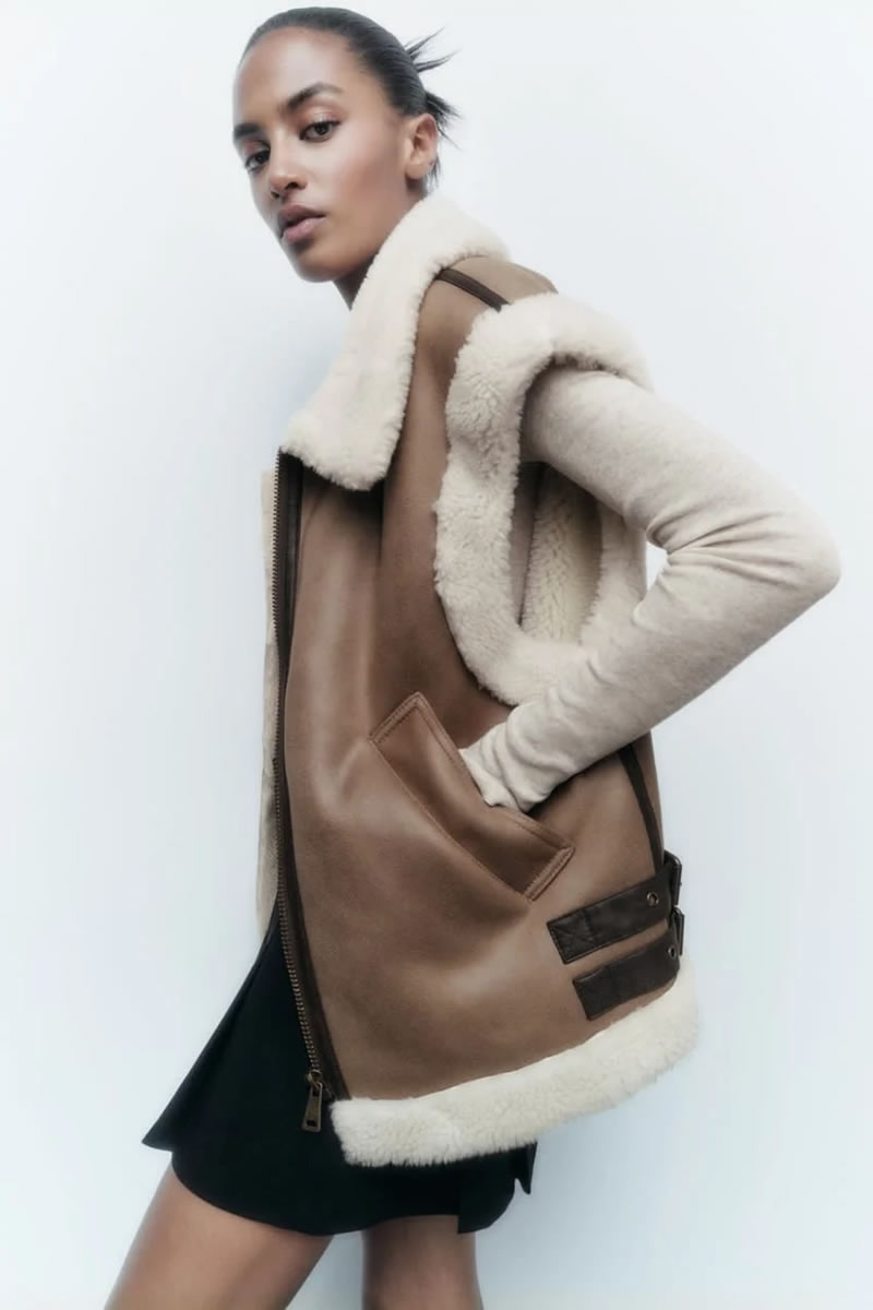 Fashion Khaki Fur Integrated Fleece Patchwork Lapel Vest,Coat-Jacket