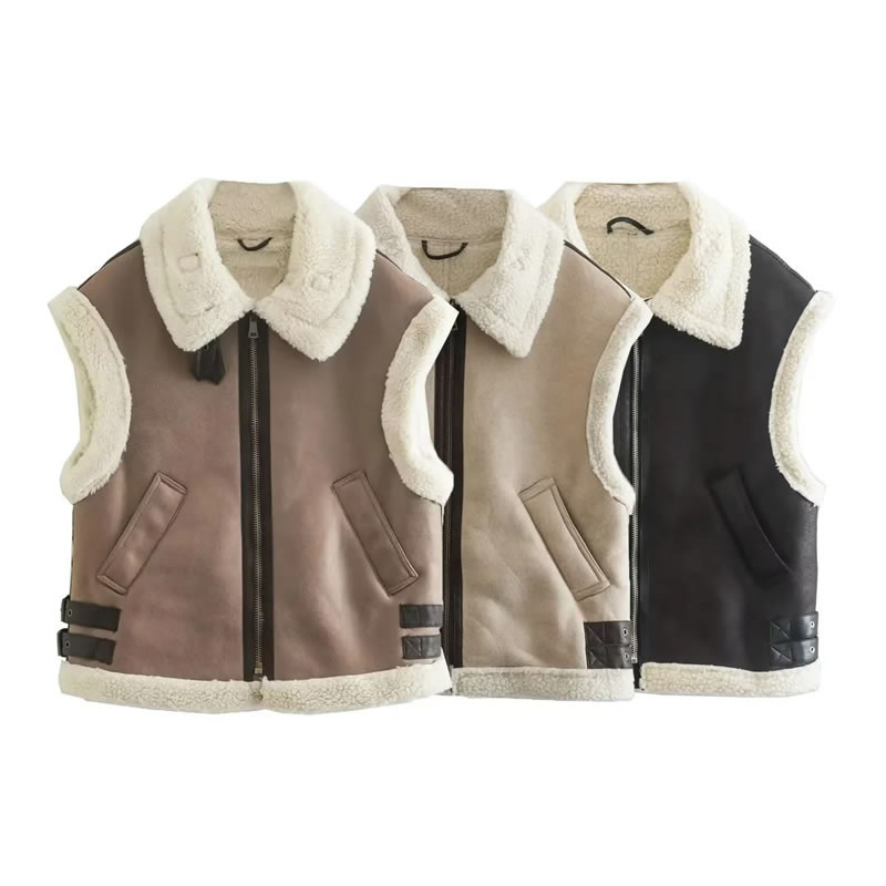 Fashion Brown Fur Integrated Fleece Patchwork Lapel Vest,Coat-Jacket
