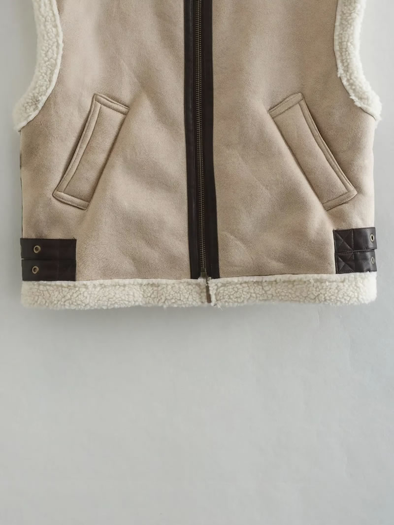 Fashion Khaki Fur Integrated Fleece Patchwork Lapel Vest,Coat-Jacket